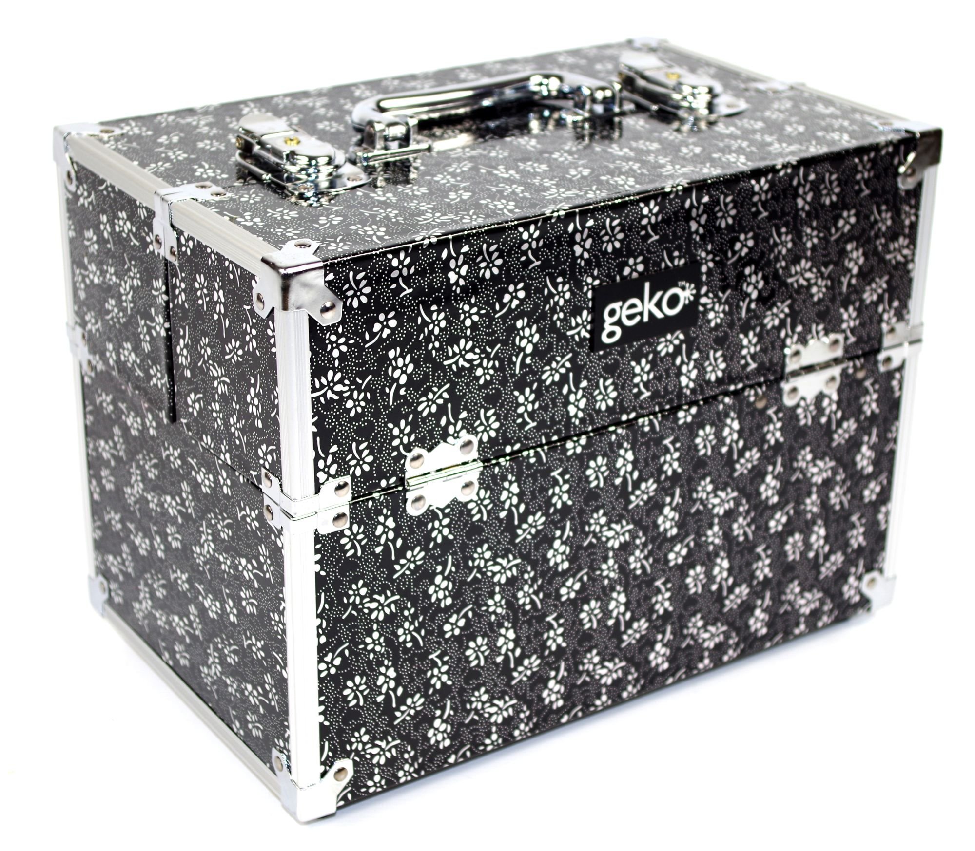Geko 1-Piece Vanity Case/Makeup Box, Silver/Black Flowers