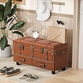 LONYKE Vintage Treasure Chest Bench with Latch Closure and Buckle Trunk , Farmhouse Faux Leather Storage Ottoman Bench for Li