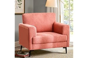 CDCASA Accent Chair, Linen Fabric Oversized Mid Century Modern Chair Set of 1, Comfy Upholstered Armchair Reading Accent Chairs Sofa Chairs for Bedroom Living Room, Coral Pink