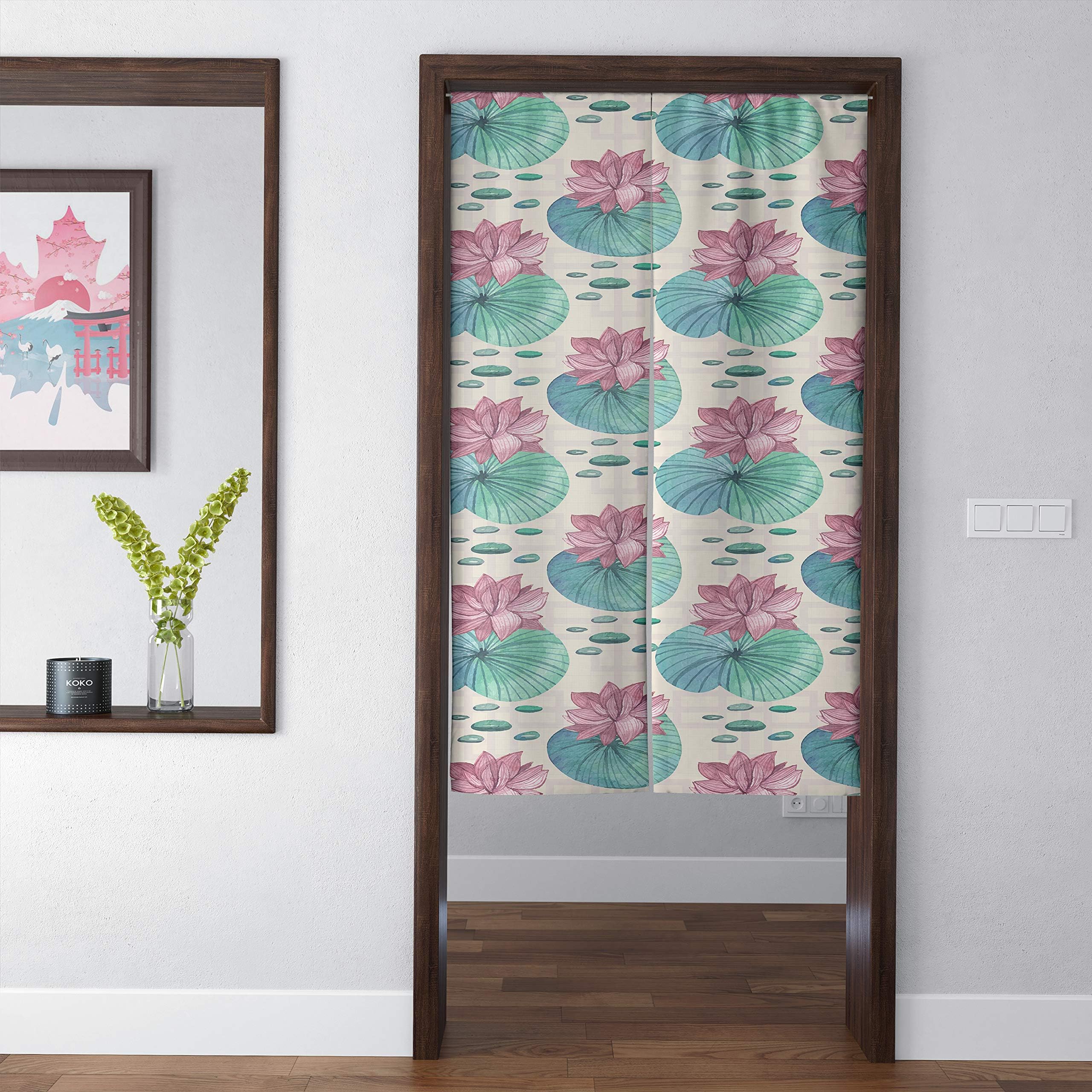 Spanker Space Green Janpanese Artistic Lotus Fengshui Noren Doorway Curtain for Home Kitchen Door Decor Natural Cotton Linen 34x59 inches