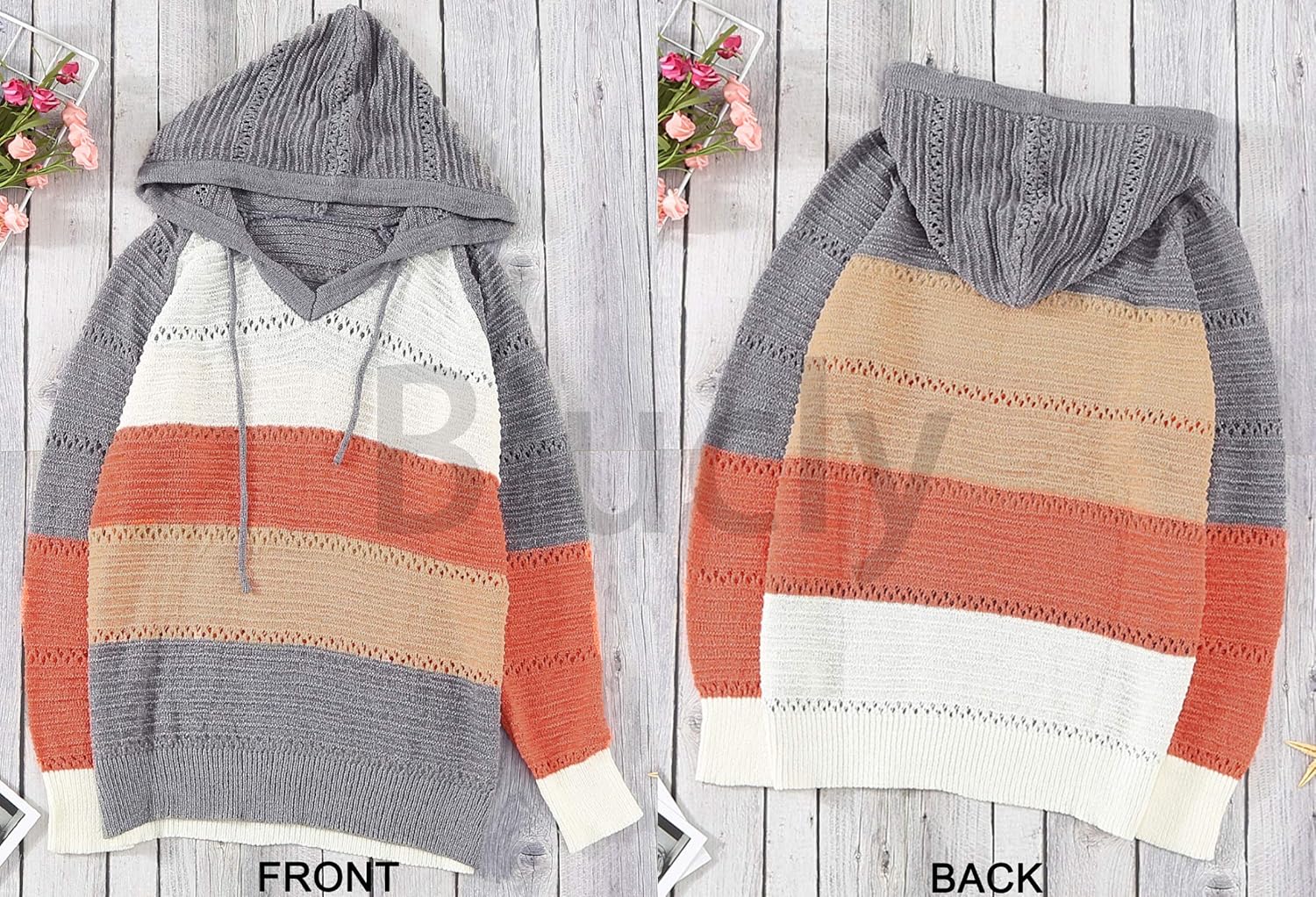 Biucly Women's Lightweight Color Block Knit Hoodies Sweaters Loose Long Sleeve V Neck Drawstring Pullover Sweatshirts(S-3XL): Clothing