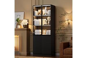 Furniway Modern Led Display Cabinet with Glass Doors, Bookcase with Doors, Curio Display Cabinet with 3 Shelves for Living Room, Home Office, Bedroom, Playroom, Black