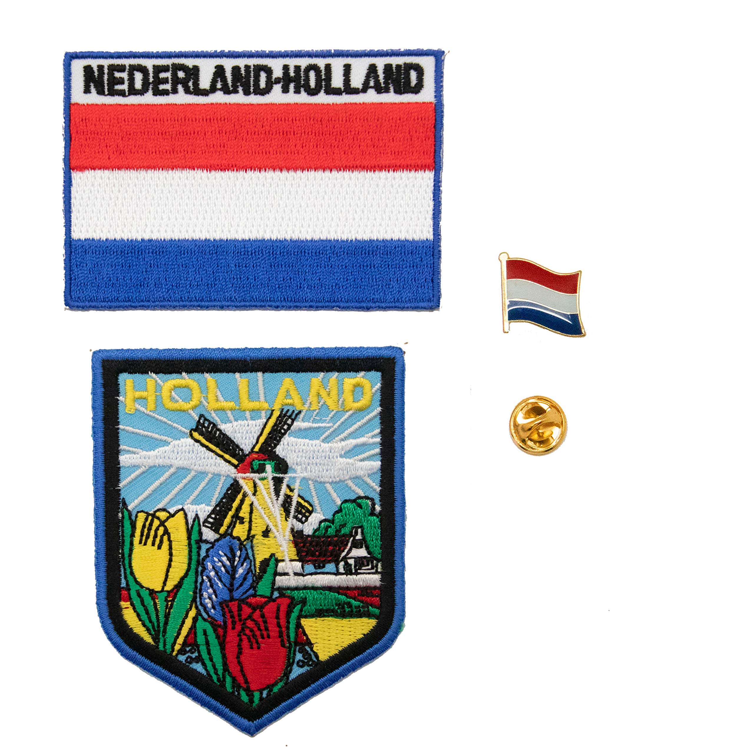 A-ONE 3 PCS Pack- Holland City Patch with Windmill and Tulip + Netherlands Iron-on Patch + Holland Flag Metal Lapel Pin, Travel Embroided Badge, Emblem Pin