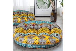 HIGOGOGO Round Bohemian Floor Cushion, Cotton Linen Boho Design Seat Cushion for Adults Kids, Thick Meditation Pillow for Yoga Living Room Sofa Balcony Outdoor, Yellow, 22x22 Inch, 1 Pack