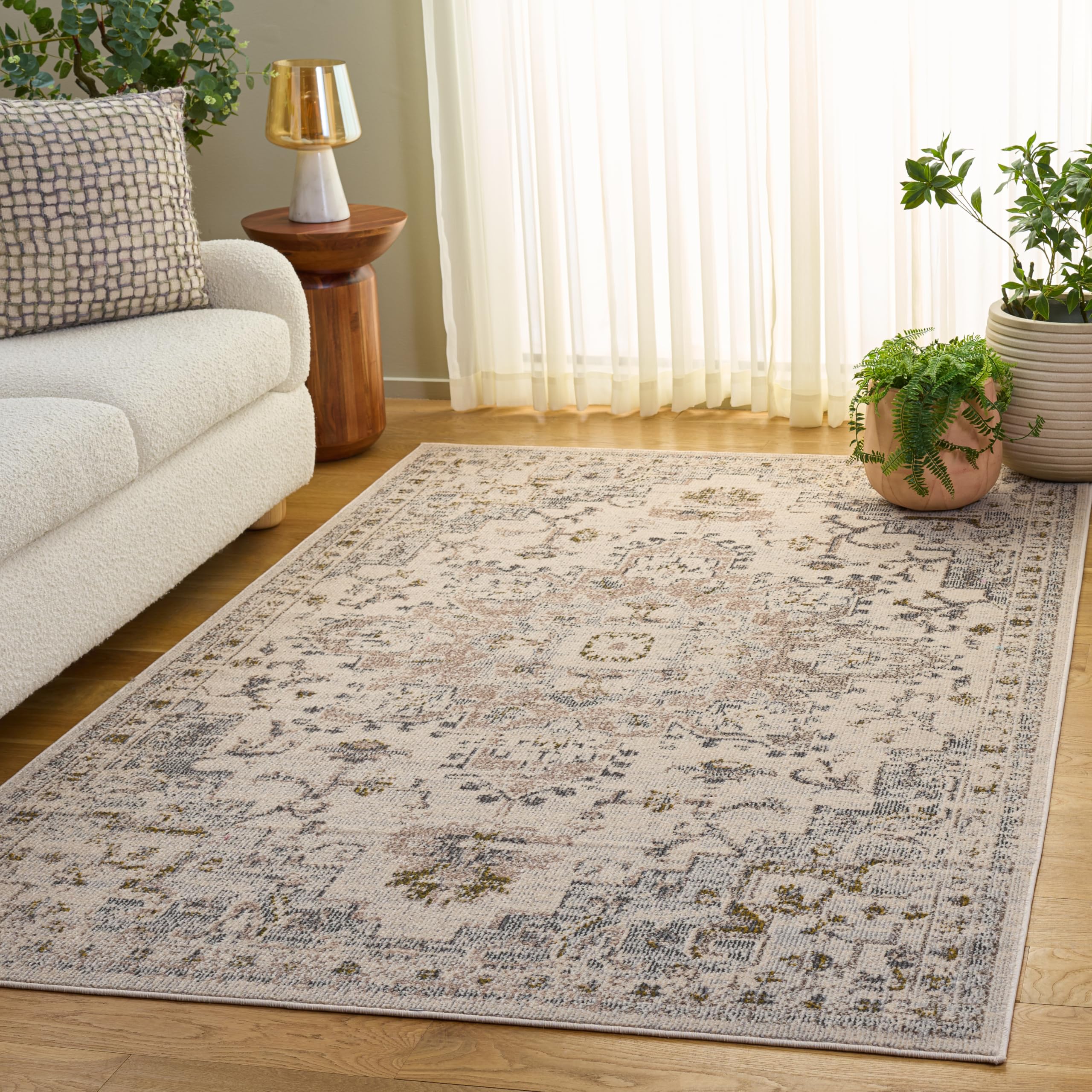 SAFAVIEH Madison Collection - 5'3" x 7'6", Ivory & Grey Gold, Boho Chic Distressed Medallion Design, Non-Shedding & Easy to Clean, Ideal for Living Room, Bedroom, Dining Space (MAD473H) Image