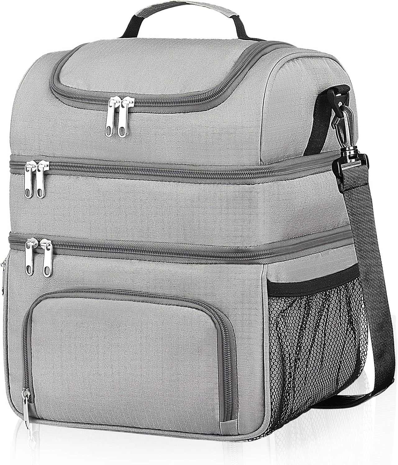 Insulated Lunch Bag, 18L Leakproof Reusable Large Capacity Bag with Adjustable Strap, Three Deck Lunch Box for Office Camping Hiking Outdoor Picnic Beach (Grey, Large)