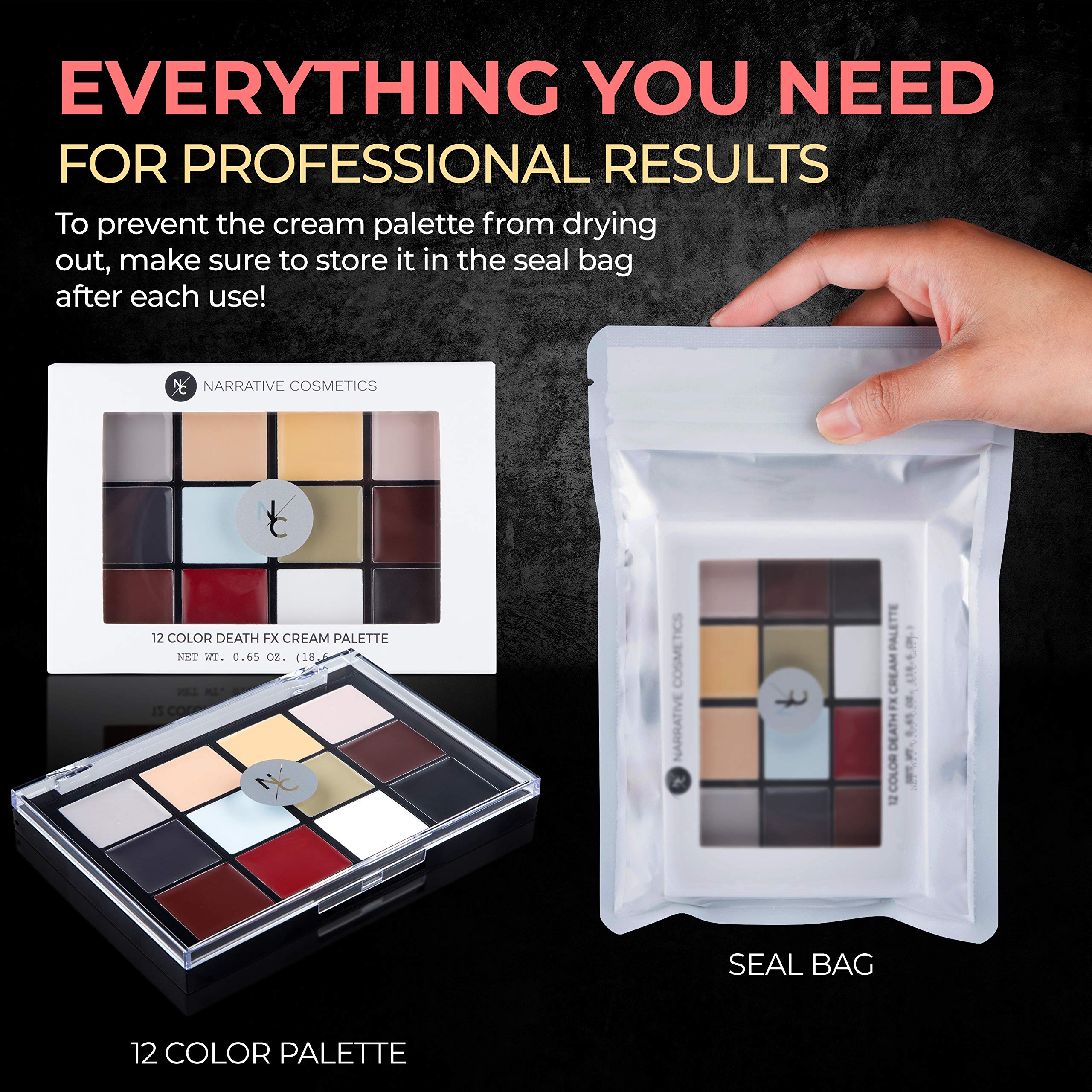 Narrative Cosmetics 12-Color Death FX Cream Palette, Professional Quick Drying Waterproof SFX Makeup for the Stage, Film, Costumes, Cosplay, Halloween