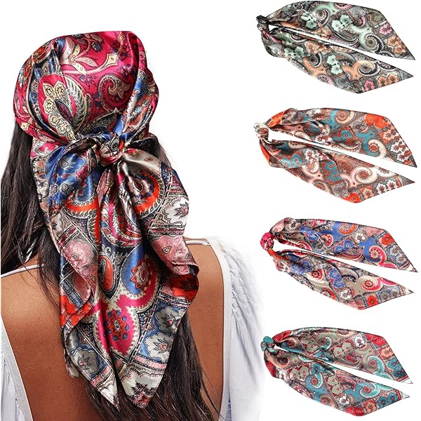 DRESHOW Pañuelo Cuadrado Grande De Satén De 35 Pulgadas – 4 Piezas De Accesorios De Seda Clásicos Estampados Cuadrados Pañuelos De Playa Para Mujer