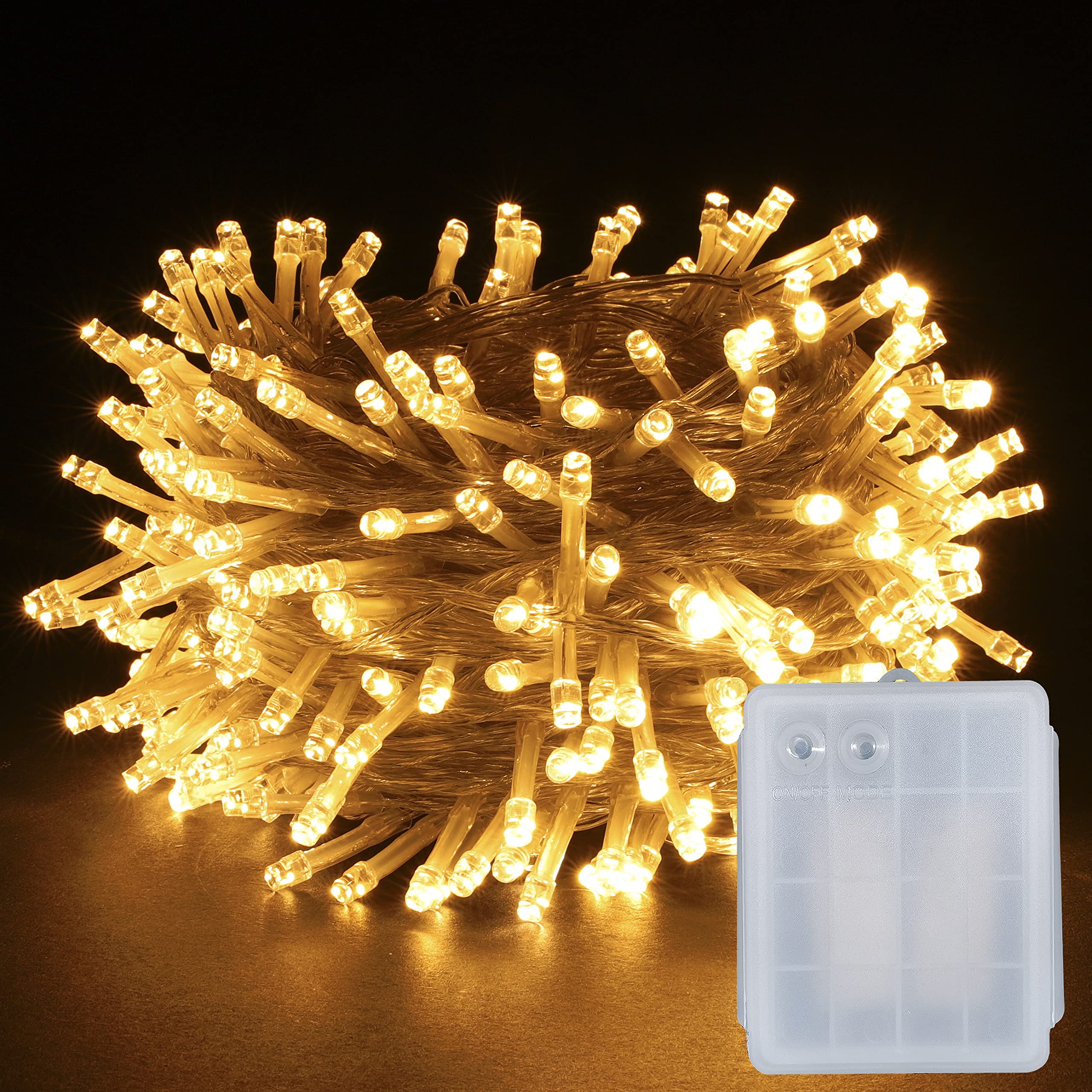 YOSION 200 LED String Fairy Lights Battery Power Operated 8 Modes Timer Function Rainproof Christmas Xmas Garden Party Wedding Decoration (200, Warm White)