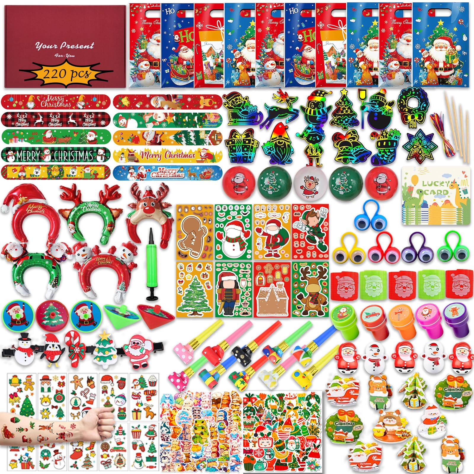Wiskowee 220PCS+ Christmas Party Bag Fillers for Kids Christmas Toys Party Favours Prizes Rewards Pinata Filler Stuff for Goodie Loot Bag Fillers for Boys Girls Toy Bulk for Game Lucky Dip Prizes