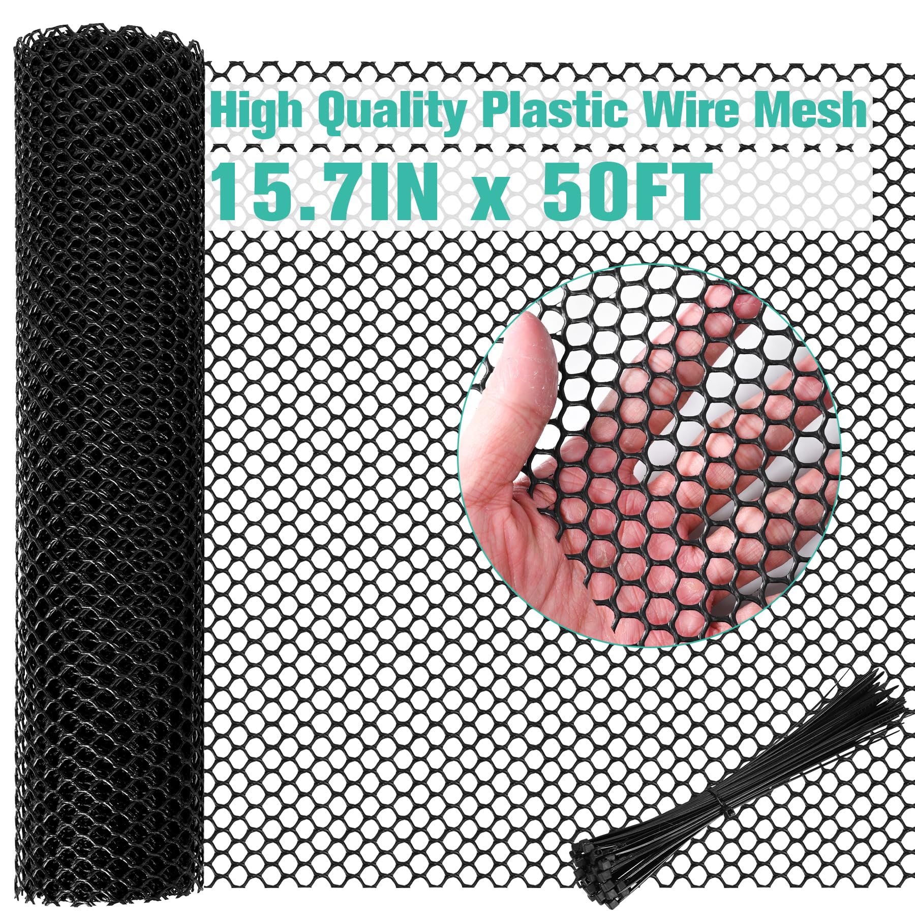Photo 1 of Plastic Mesh Fence Sheet 15.7IN x 50FT - 0.3IN Opening Plastic Chicken Wire Netting Roll Durable for Dogs, Poultry, Puppy, Garden Snake Barrier with 50 Pcs Zip Ties - Black