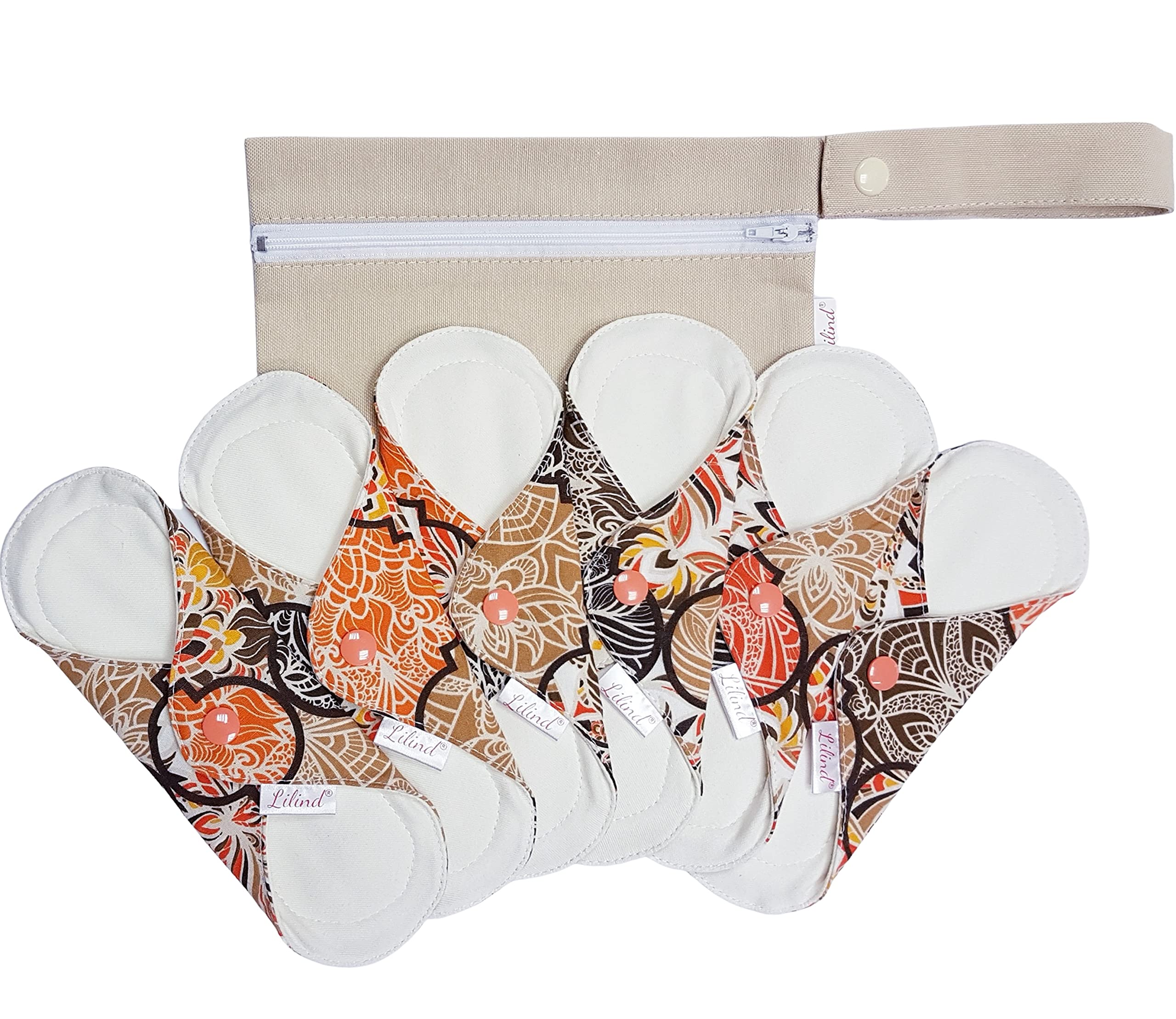 Lilind® 6 Pack Organic Cloth 24cm Regular Reusable Menstrual Pads Complete Set Zero Waste 100% Cotton Coral Orient