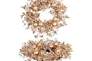 Pudate Champagne Gold Christmas Wreath 22-Inch Artificial Holiday Wreath with Holly, Eucalyptus, Berries for Front Door & Home Decor - Luxury Indoor/Outdoor Winter Decoration