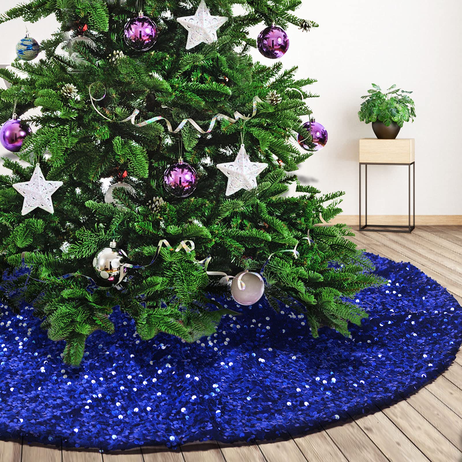 Deggodech 90cm Navy Blue Christmas Tree Skirt with Blue Sequin Xmas Tree Skirt Base Cover for New Year Christmas Party Home Decorations (Blue, 35inches)