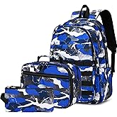 Boys Backpack with Lunch Box, Camo Kids Backpacks for Boys Elementary Middle School Bag Bookbag Outdoor Travel Back Pack (Camo Blue Set, Small)
