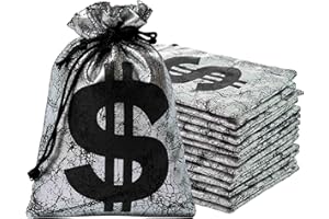 RICHNESS Money Bag with Dollar Sign 4.5X6 Inch Faux Leather Costume Money Bag Pouch with Drawstring Closure Treasure Sack for Bank Robber Old West Pirate Cowboy Casino Theme party Pack of 12