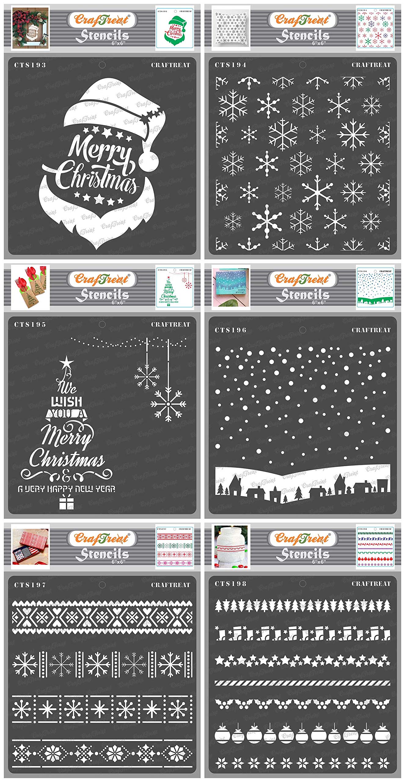 CrafTreat Reusable Merry Christmas Stencils for Painting on Wood, Canvas, Paper, Fabric, Floor, Wall and Tile - Christmas Designs - 6 Pcs - 6x6 Inch Each - DIY Art and Craft Stencils for Christmas