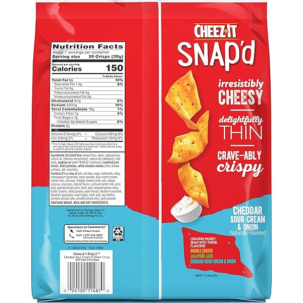 CHEEZ-IT SNAP’D, CHEESY BAKED SNACKS, CHEDDAR SOUR CREAM AND ONION, 7.5OZ BAG