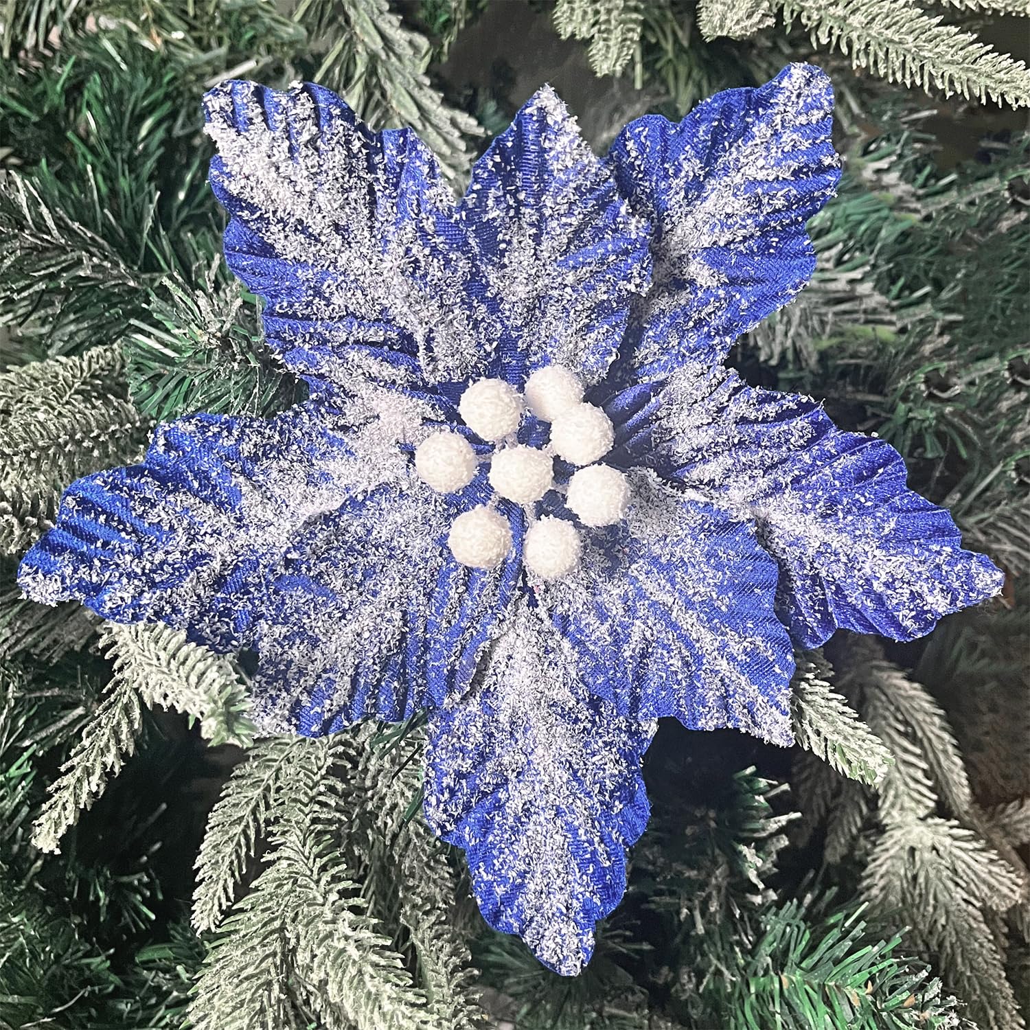 4 Pcs Snow Poinsettia Christmas Flower Stem - Snowy Decorated Tree Ornament for Xmas Wreath, Garland, and Vase Decoration (Blue)