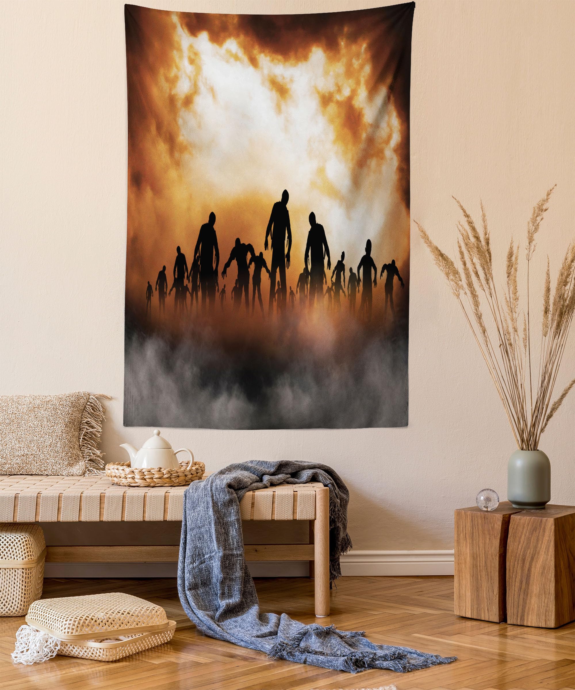 ABAKUHAUS Halloween Tapestry, Zombies Dead Men Walking Body in the Doom Mist at Night Sky Haunted Theme Print, Fabric Wall Hanging Decor for Bedroom Living Room Dorm, 58 W X 43 L, Orange Black