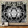 Ftuency Sun and Moon Tapestry, Black and White Tapestries Mystic Burning Sun with Star Wall Hanging decor for Bedroom (59" W x 51" L)