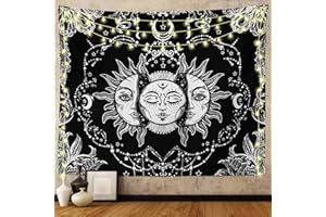 Ftuency Sun and Moon Tapestry, Black and White Tapestries Mystic Burning Sun with Star Wall Hanging decor for Bedroom (59" W x 51" L)