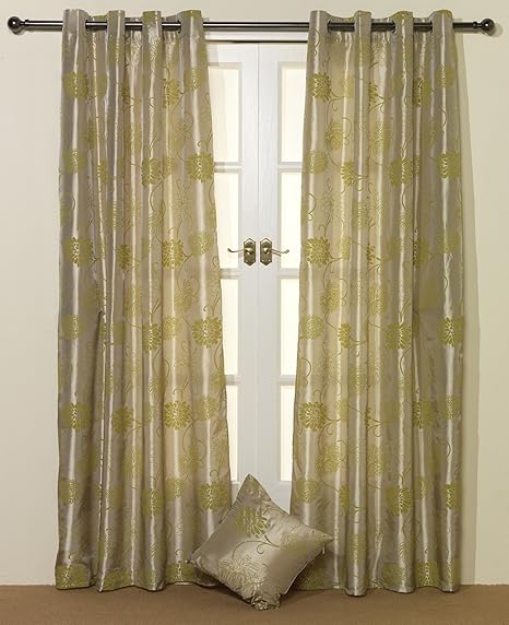 Lime Green Taupe Latte Pair Of Eyelet Taffeta Curtains 90