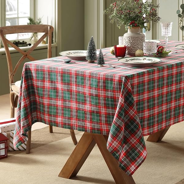 HOME BARGAINS PLUS RUDOLPH PLAID FABRIC TABLECLOTH, 60 X 120 INCH RECTANGLE, TRADITIONAL RED AND GREEN CHECK PATTERN, COTTON BLEND HOLIDAY TABLE COVER FOR CHRISTMAS DINING AND WINTER DECOR