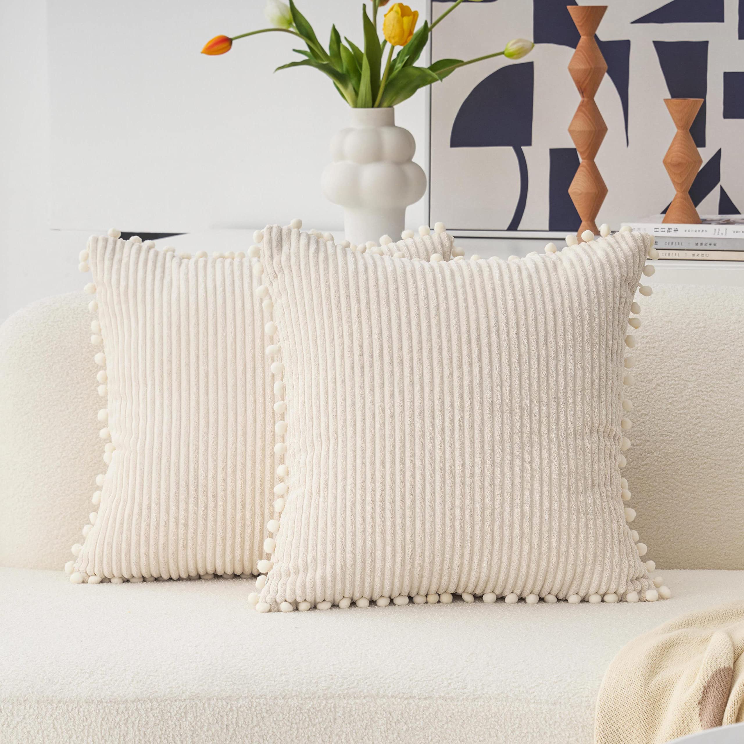 Home Brilliant Cream Cushion Cover with Pom-poms Soft Cute Corduroy Decorative Cushion Covers Sofa Bed, 45 x 45cm, 18inch, Set of 2, Cream