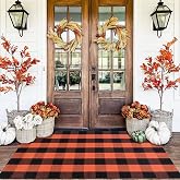 Orange and Black Plaid Rug, 3' x 5' Fall Outdoor Front Door Decor Mat, Cotton Washable Hand-Woven Rug for Layered Doormat, Autumn Halloween Thanksgiving Carpet for Porch, Entryway