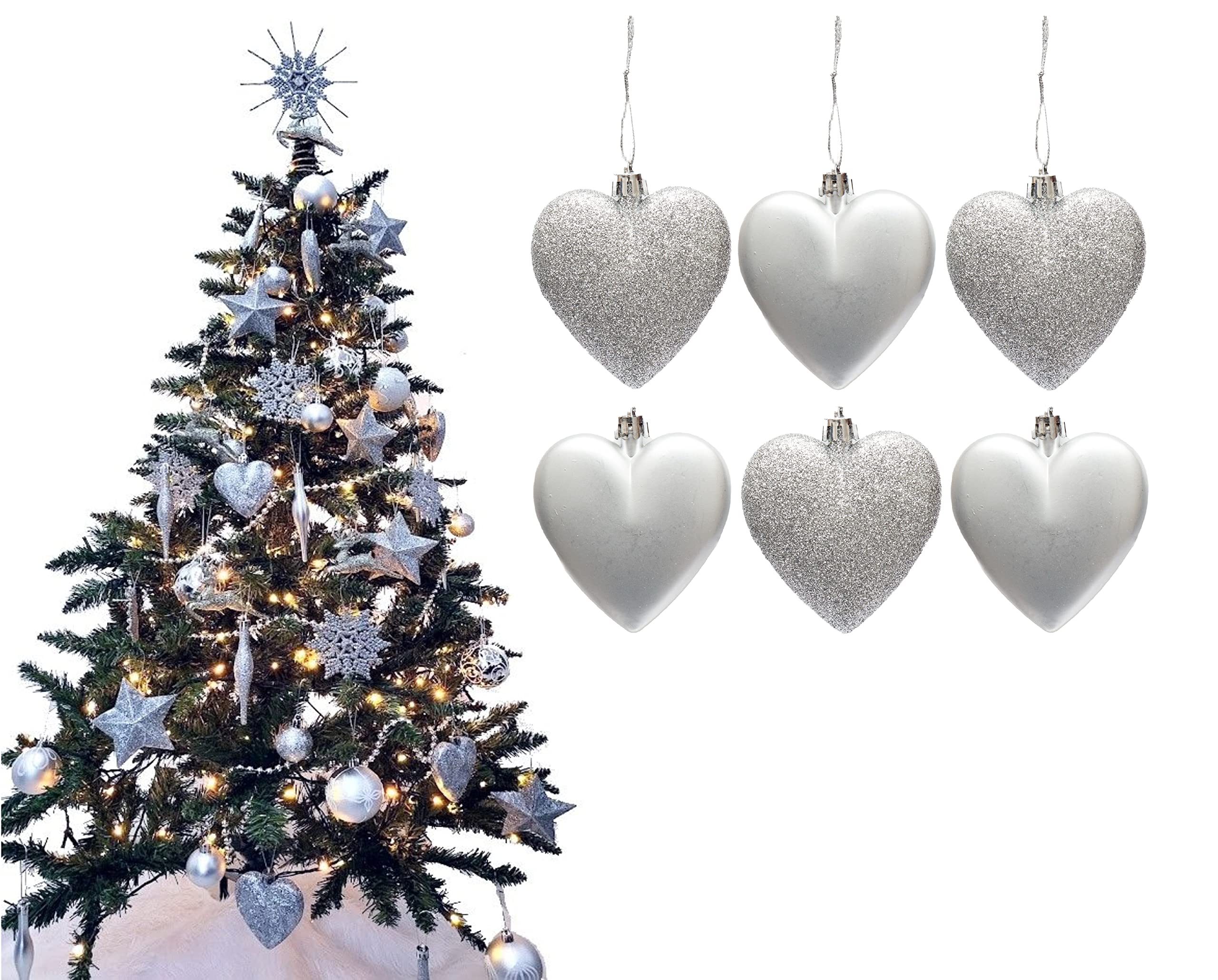 6pc Large Glitter & Matte Heart Baubles - Great Christmas Tree Decorations, Heart Baubles (Silver)