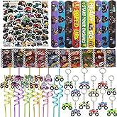 110PCS Monster Truck Party Favors Set,Monster Jam Birthday Decorations Including Truck Theme Slap Bracelets Keychains Gift Bags DIY Stickers Drinking Straws People Monster Truck Birthday Supplies