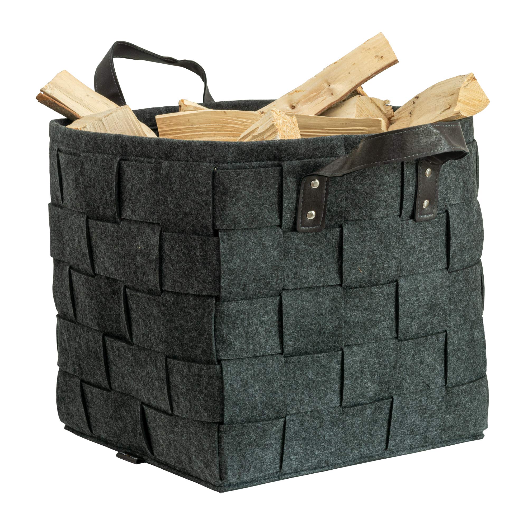 Rubberneck Felt Storage Basket with Faux Leather Handles for Wood Newspaper Laundry Toys, 33 x 33 x 35 cm, Dark Grey