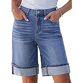 luvamia Jean Bermuda Shorts for Women High Waisted Knee Length Cuffed Long Stretchy Denim Shorts Loose Summer Jorts