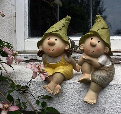 FHFY Garden Lilly and Len Elves Sitting Resin Garden Ornament Set