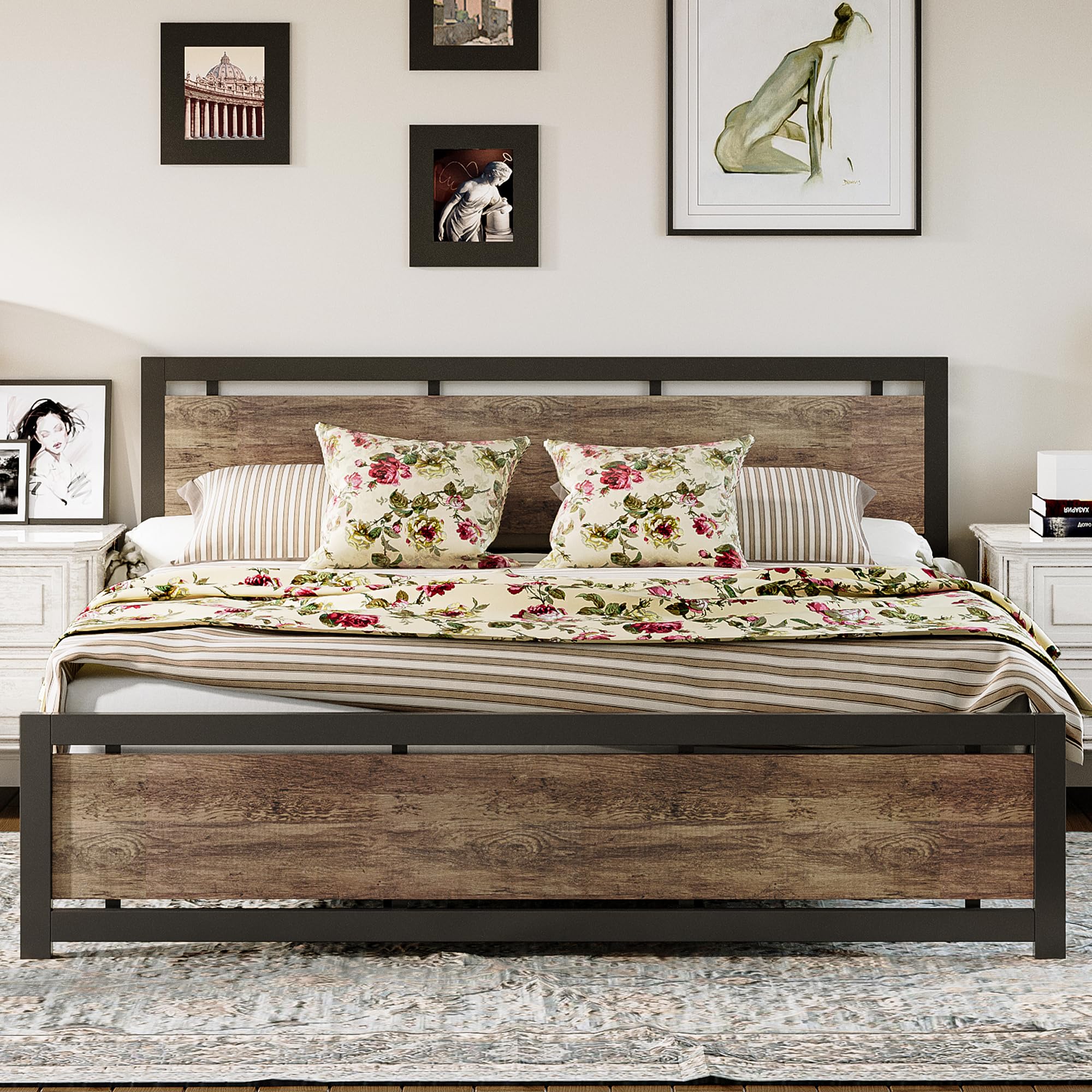 LIKIMIO King Bed Frame with Headboard and Footboard, Metal Strong Supports, Easy Assembly, Noise-Free, No Box Spring Needed, Walnut Image