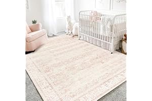 BILEEHOME Nursery Rug for Baby Girl,Neutral Blush Pink Boho Cute Floral Foldable Machine Washable Soft Faux Wool Carpet Area Rugs for Living Room Bedroom Dorm Kids Playroom,5x7