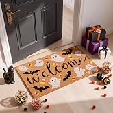 Dunzy Halloween Welcome Doormat, 16.5x30in Faux Coir Welcome Door Mat | Non Slip Backing, Washable and Reusable, Quick Drying, Bat Ghost Candy Pattern, Halloween Decor, Indoor Outdoor Porch Use