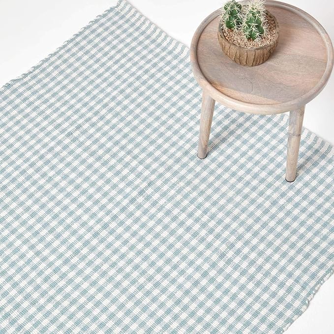 HOMESCAPES 100 Cotton Gingham Check Rug Hand Woven Light Blue White 60 x 90 cm Washable at Home