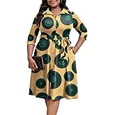 FANDEE Plus Size Midi Dress for Women Casual- Button Down Printing Summer Dresses for Office Cocktail 3/4 Sleeve （XL-5XL）