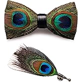 RBOCOTT Handmade Feather Pre-tied Bow tie and Brooch Sets for Men