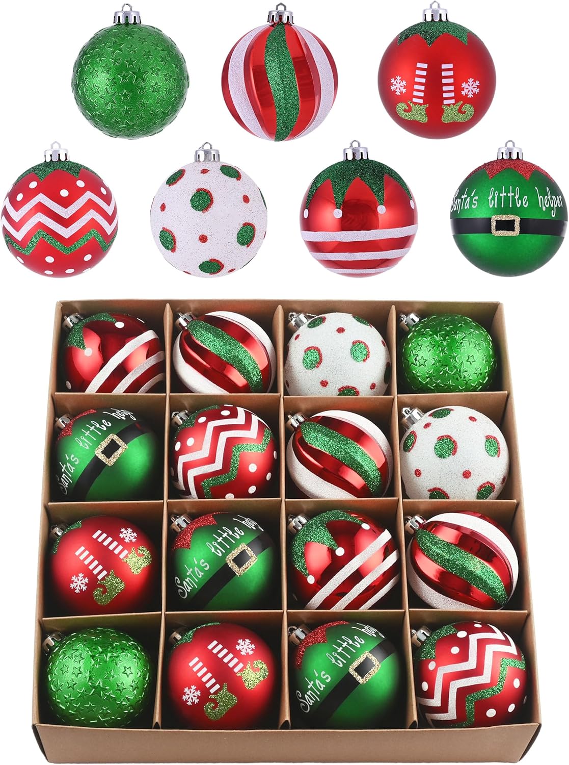 Ornaments - Valery Madelyn Christmas Tree Ornaments Set, 16ct Elf Red Green White Shatterproof Christmas Tree Decorations Bulk, 3.15 Inch Decorative Hanging Ball Ornaments for Xmas Trees Holiday Party Decor