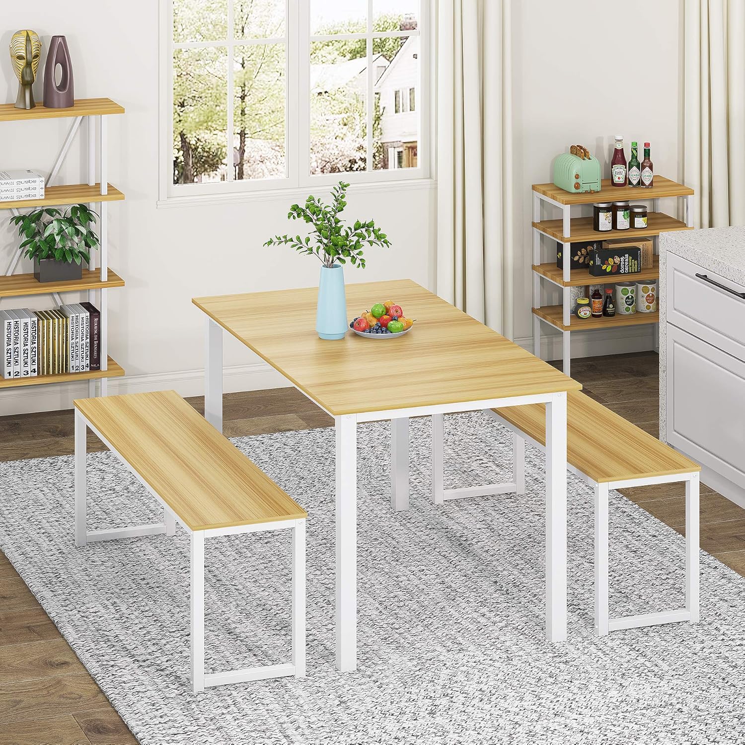 HOMURY 3 Piece Dining Table Set Breakfast Nook Dining Table with Two Benches,White: Furniture & Decor