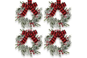 Syhood 4 Pcs 9" Mini Christmas Wreath Mini Cabinet Wreaths for Kitchen Christmas Red Berry with Red and Black Plaid Bow Farmhouse Wreath for Holiday Xmas Party Decorations(Elegant Style)