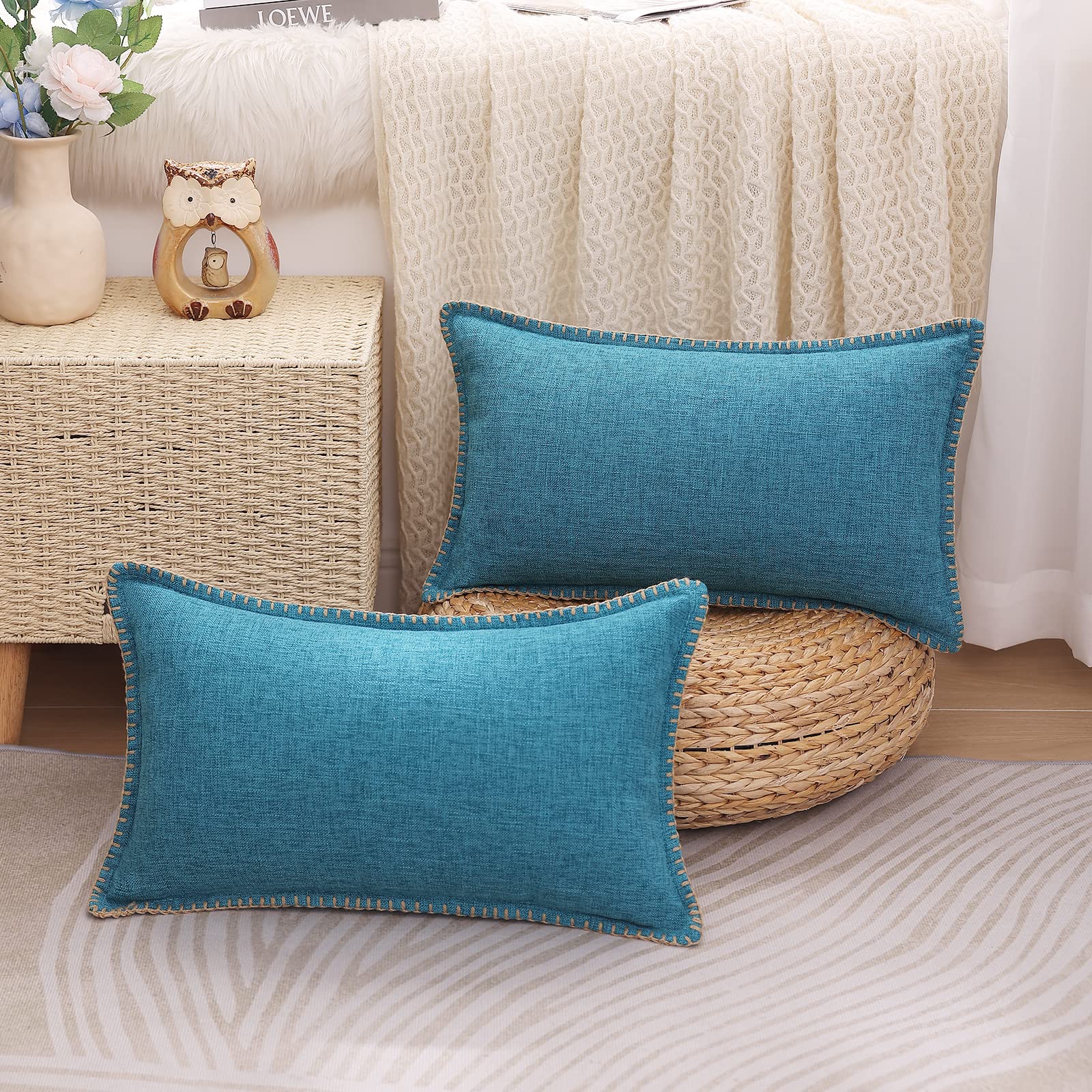 decorUhome Set of 2 Linen Cushion Covers 30X50cm,Decorative Outdoor Plain Vintage Cushion Covers with Stitched Edges, Rectangle Farmhouse Neutral Pillow case 12x20 Inch for Sofa, Teal