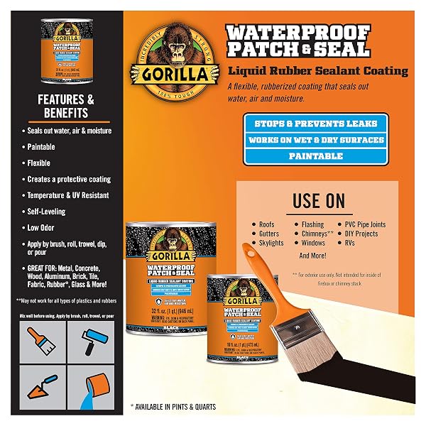 GORILLA PATCH & SEAL LIQUID RUBBER WATERPROOF SEALANT, BLACK, 32 OUNCE (PACK OF 1) – SEALS OUT WATER, AIR, AND MOISTURE