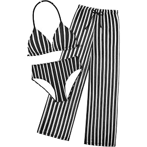 HOTOME Girls Swimsuit V-Neck Halter Backless 3 Piece Bikini Sets with Cover Up Pants Stripe Bathing Suit for Girls 7-14 Years