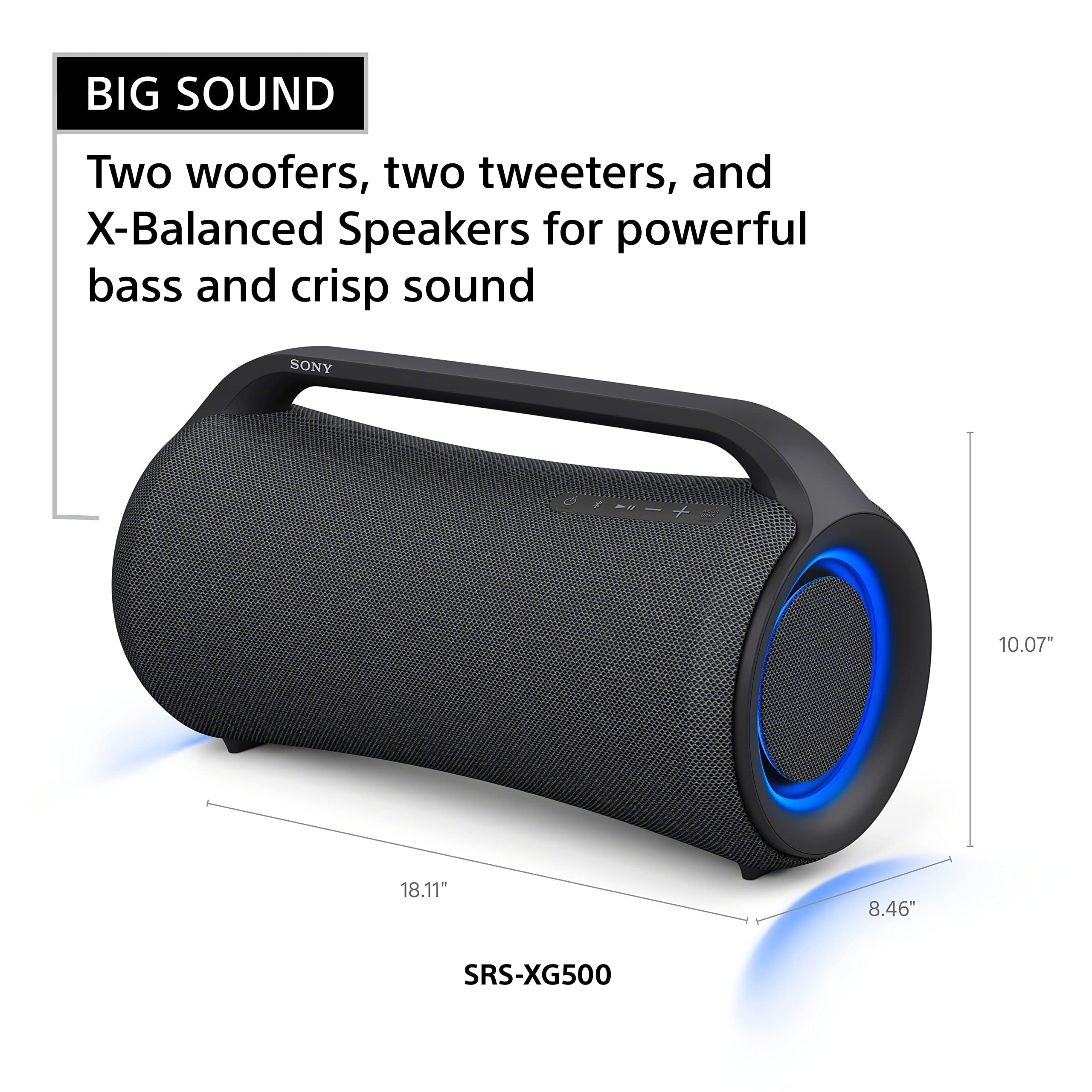 Sony SRS-XG500 X-Series Wireless Portable Bluetooth Boombox Party-Speaker with Big Powerful Sound, IP66 Water-resistant and Dustproof, 30 Hour-Battery, LED Ring Lighting for Home and Outdoor