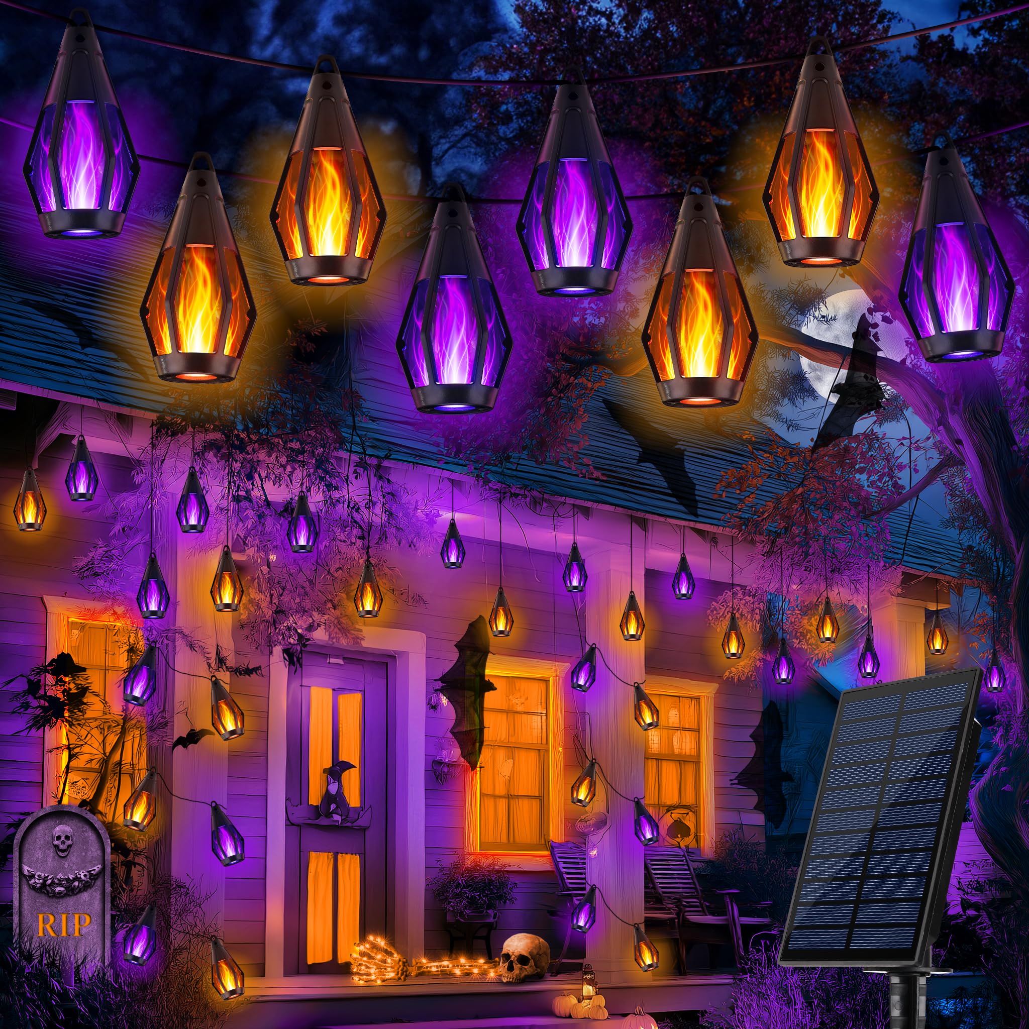 Photo 1 of iBaycon Solar Halloween Lights, 42Ft 15 LED Bulbs Flickering Flame String Light, Outdoor Waterproof Solar Flame Lights for Garden Yard Patio Halloween Decorations (Warm White + Purple)