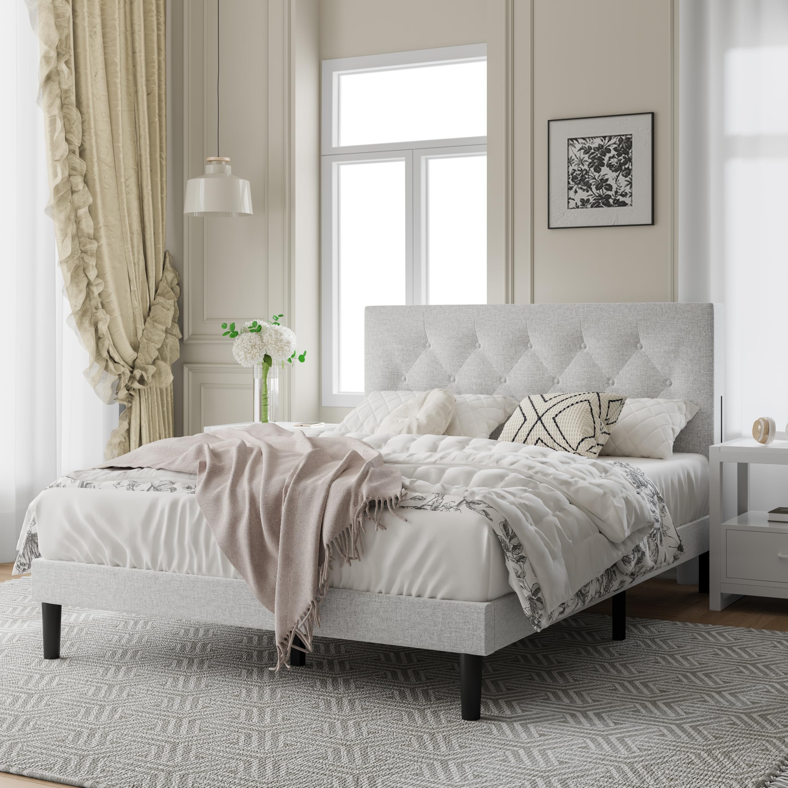 Photo 1 of IOILORI Full Platform Bed Frame with Fabric Button Upholstered Headboard and Wooden Slat Support, Sturdy Frame No Spring Mattress Required, Noiseless Easy Assembly, Modern Bedroom Furniture